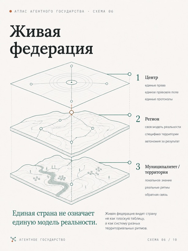 Инфографика «Живая федерация»: три слоя — центр, регион и муниципалитет — с едиными правами и собственным контекстом.